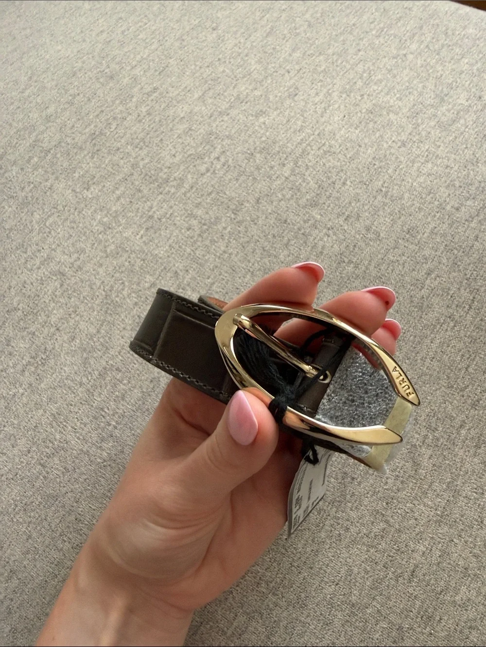 100% Leather Belt with Gold-Tone Buckle - dark green/brown